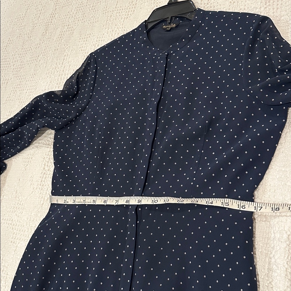 MASSIMO DUTTI Navy Blue Flocked Polka Dot Long Sleeve Fit & Flare Dress Women 10 - Picture 11 of 16